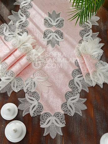 Lale Model Salon Örtü Takımı - 5 Parça Set  - Pembe İpek Kadife Kumaş