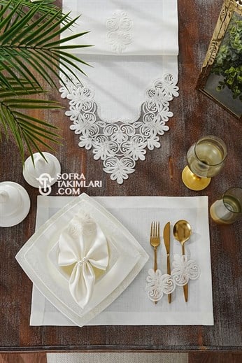 Lavanta Model Peçeteli Amerikan Servis Seti - Kırık Beyaz Dantel - Kırık Beyaz Kumaş