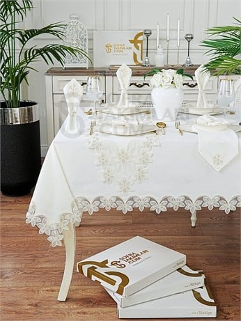 Manolya Model Lüks 26 Parça Sofra Takımı Set - Gold Dantel - Kırık Beyaz Kumaş