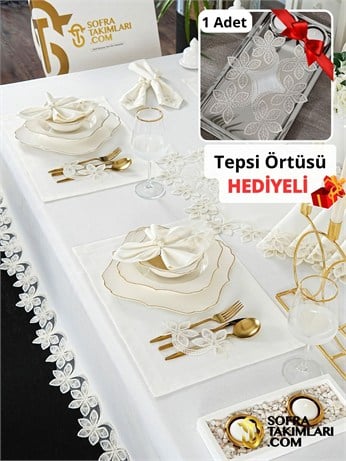 Manolya Model Lüks Sofra Takımı 38 Parça Full Set - Gold Dantel - Kırık Beyaz Keten Kumaş