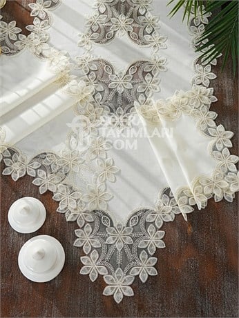 Manolya Model Salon Örtü Takımı - 5 Parça Set - Gold Dantel - Kırık Beyaz Kumaş