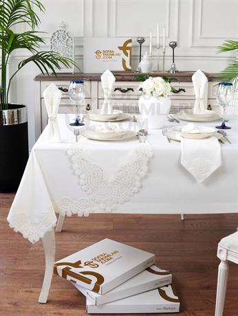 Sevda Model Eko Sofra Takımı 26 Parça Set - Kırık Beyaz Dantel - Kırık Beyaz Keten Kumaş