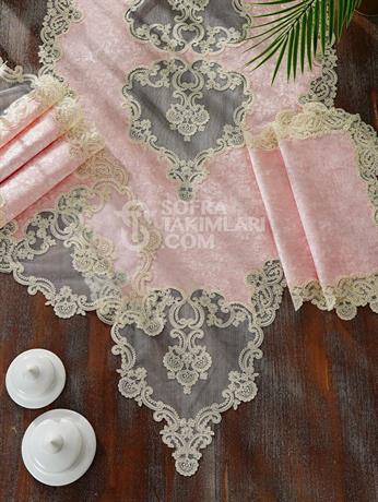 Vintage Kırık Beyaz Model 5 Parça Salon Örtü Takımı - Pembe Kadife