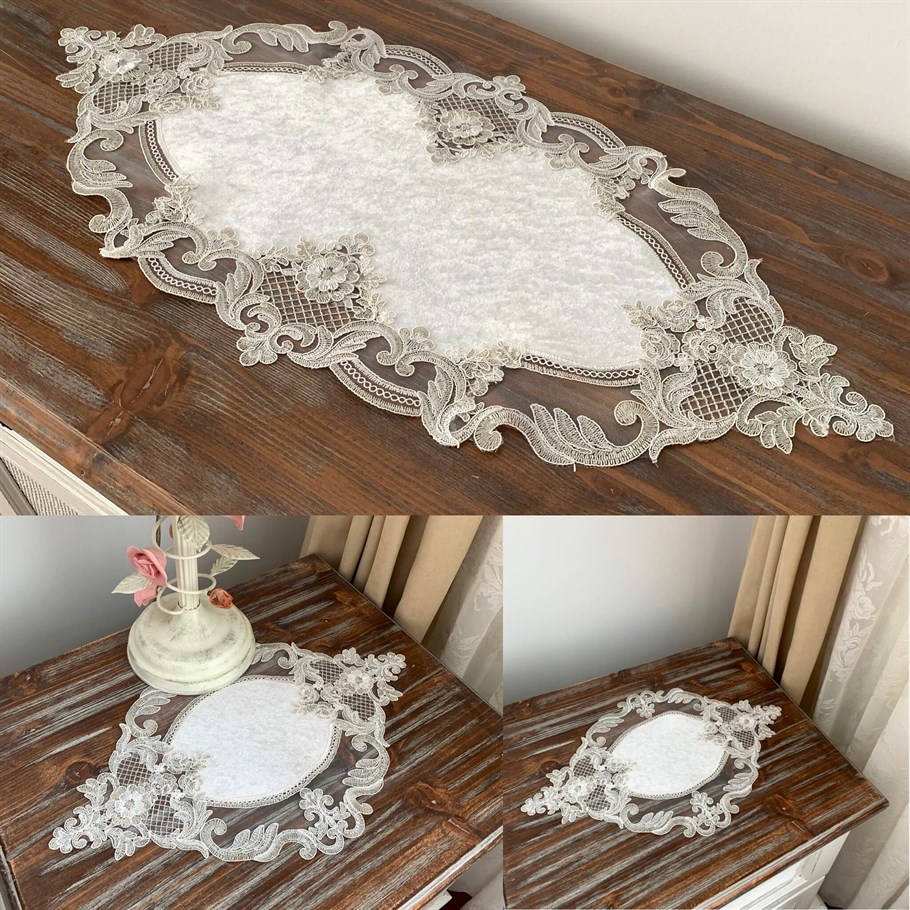 3 Parça Victoria Model Gümüş Dantelli Kadife 