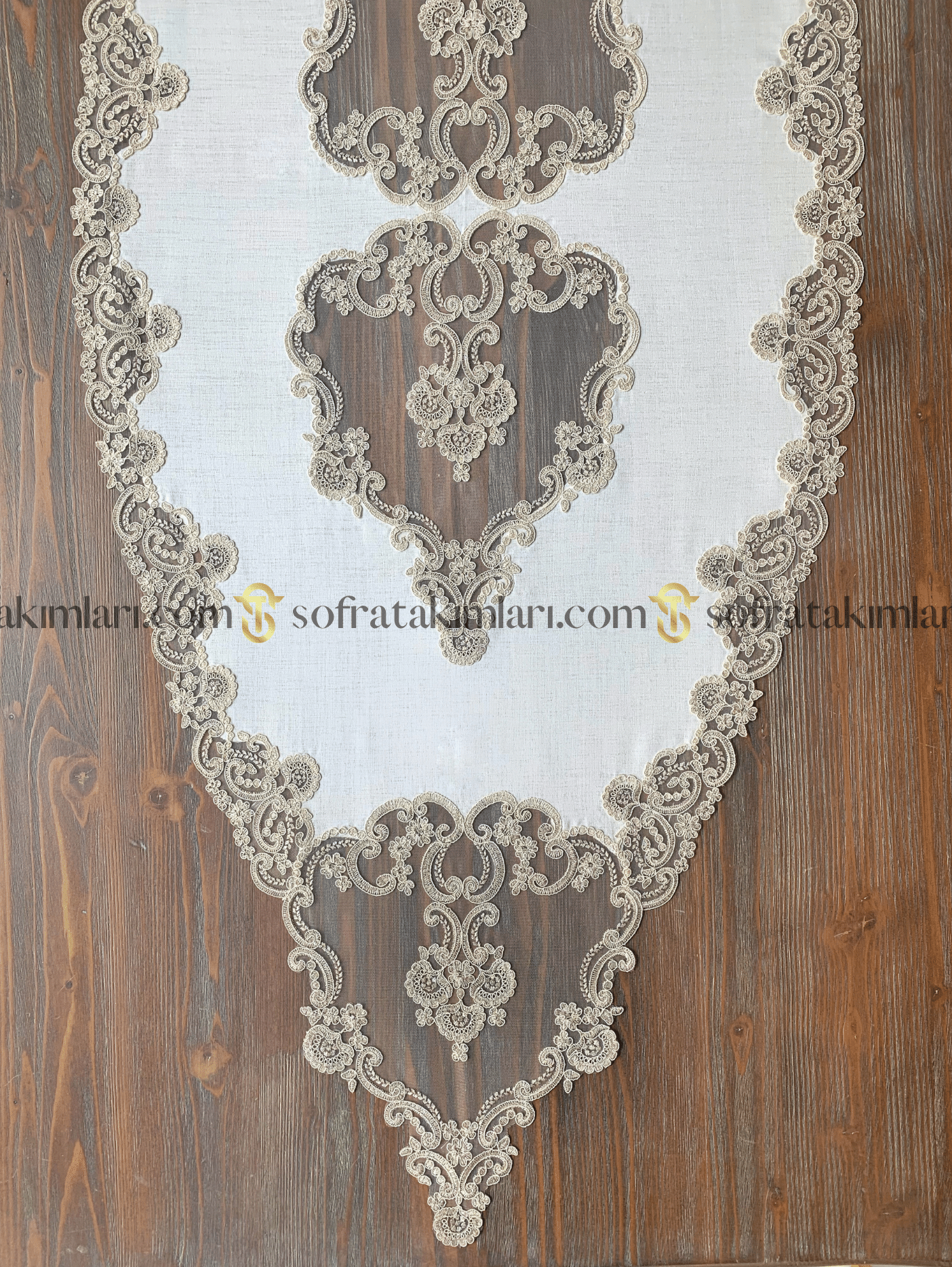 5 Parça Vintage Taş Dantel  Salon Takımı - Kırıkbeyaz