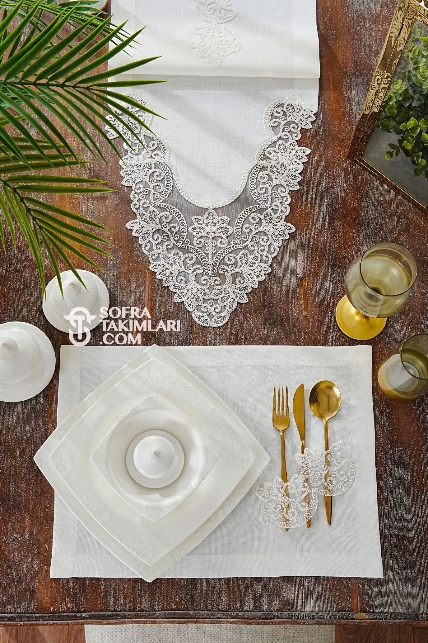 Açelya Model Amerikan Servis Seti - Kırık Beyaz Dantel - Kırık Beyaz Kumaş
