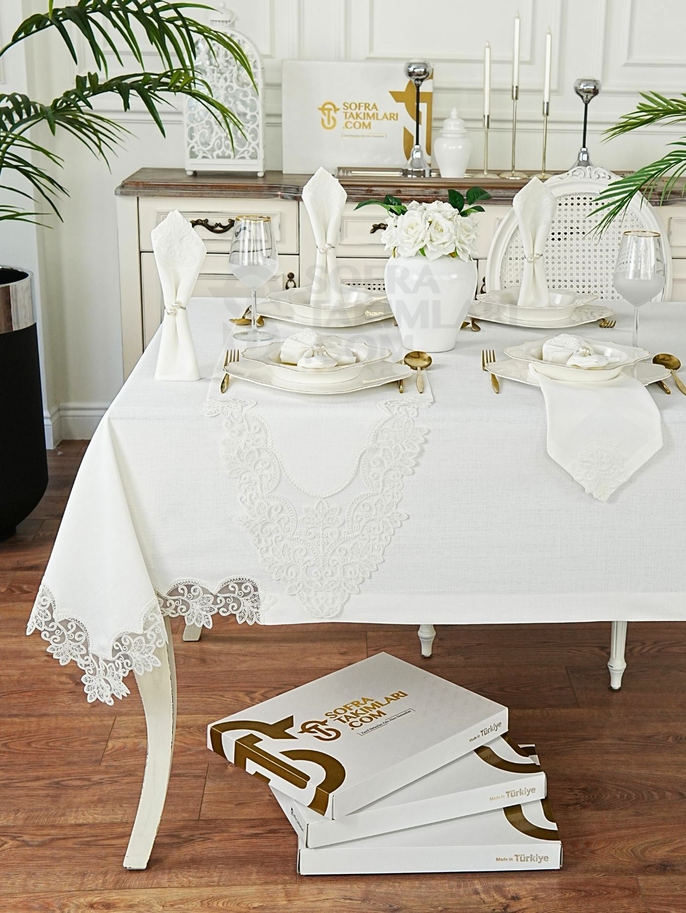 Açelya Model Eko Sofra Takımı 26 Parça Set - Kırık Beyaz Dantel - Kırık Beyaz Keten Kumaş