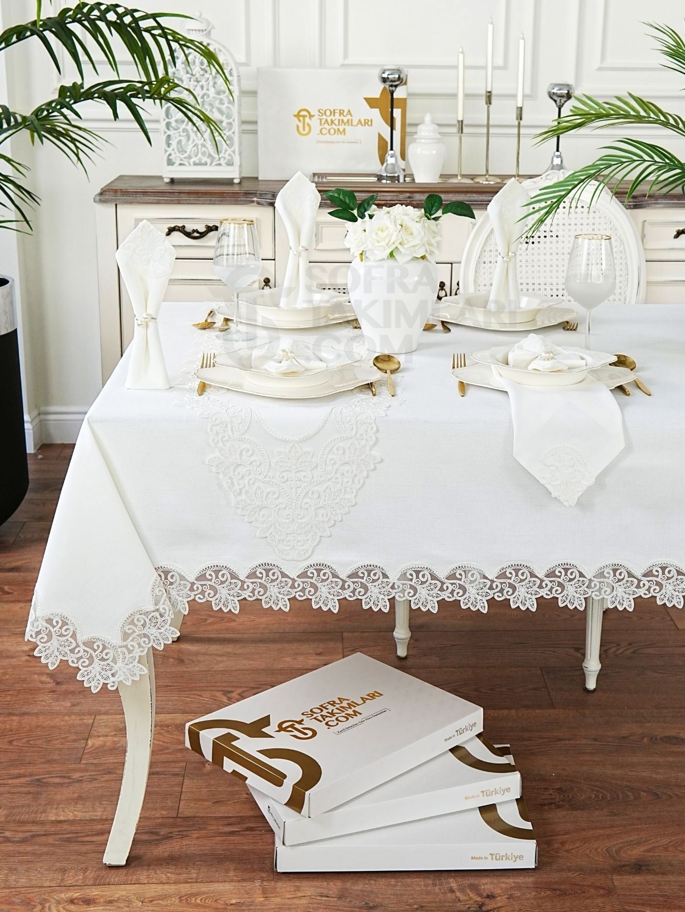 Açelya Model Lüks Sofra Takımı 26 Parça Set - Kırık Beyaz Dantel - Kırık Beyaz Keten Kumaş