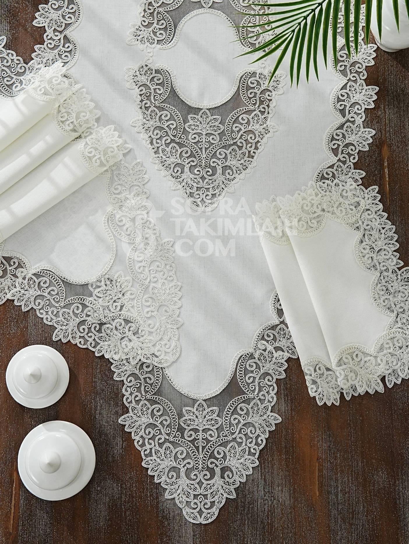 Açelya Model Salon Örtü Takımı - 5 Parça Set - Kırık Beyaz Dantel - Kırık Beyaz Kumaş