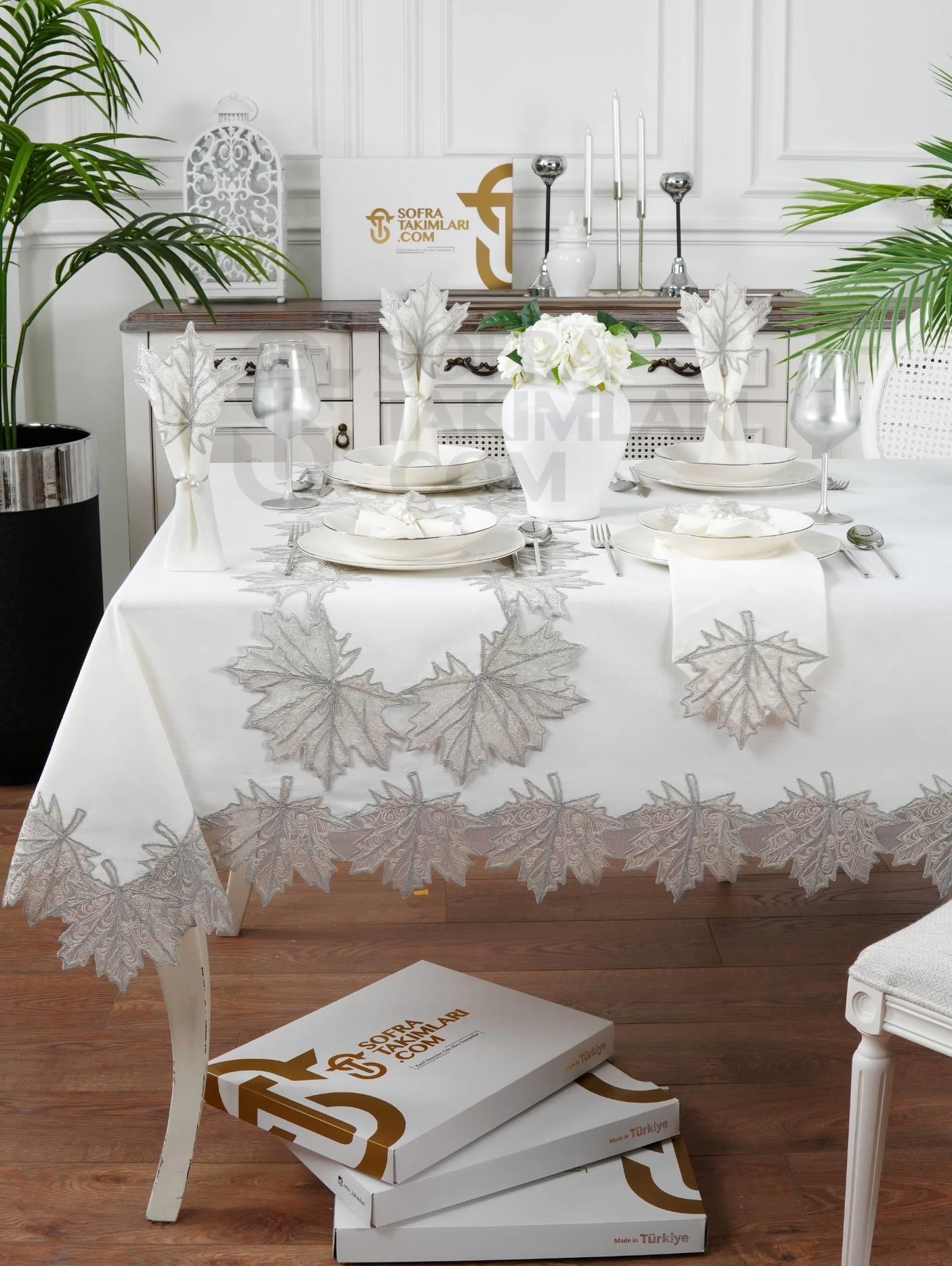 Çınar Lüx Masa Örtüsü Takımı 26 Parça - Gümüş Dantelli
