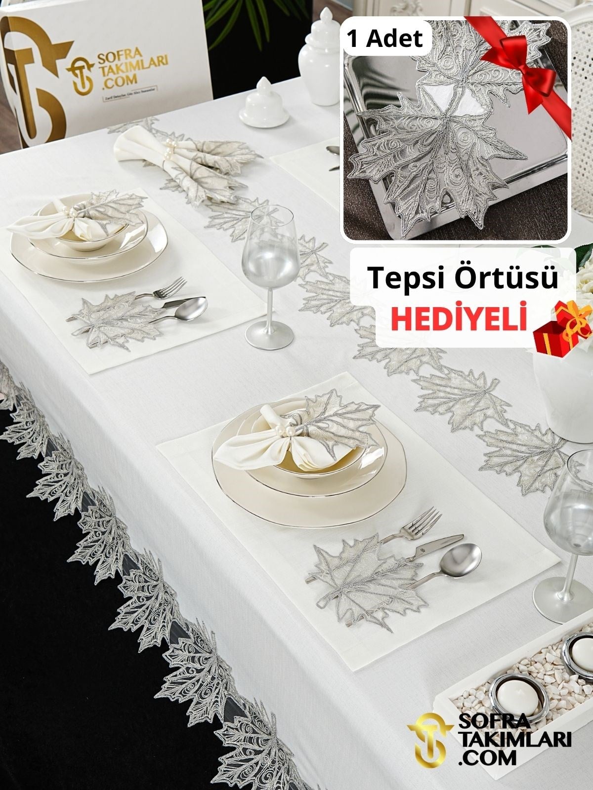 Çınar Model Lüks Sofra Takımı 37 Parça Full Set - Gri Dantel - Kırık Beyaz Keten Kumaş