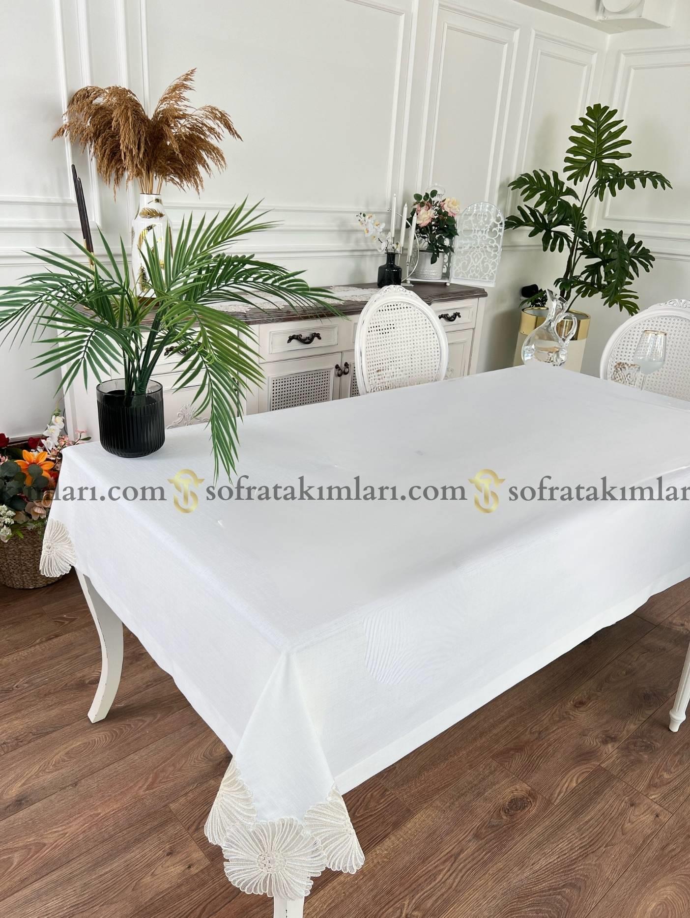 Delina Model Eko Tek Masa Örtüsü - Hasır Rengi Dantelli - Kırık Beyaz Kumaş