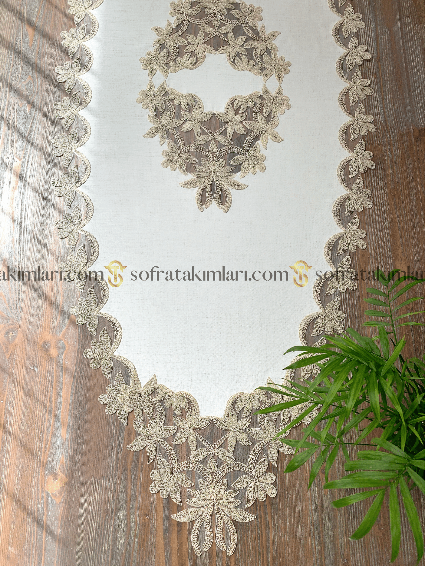 Dina Model 5 Parça Salon Örtü Takımı - Gold Dantelli