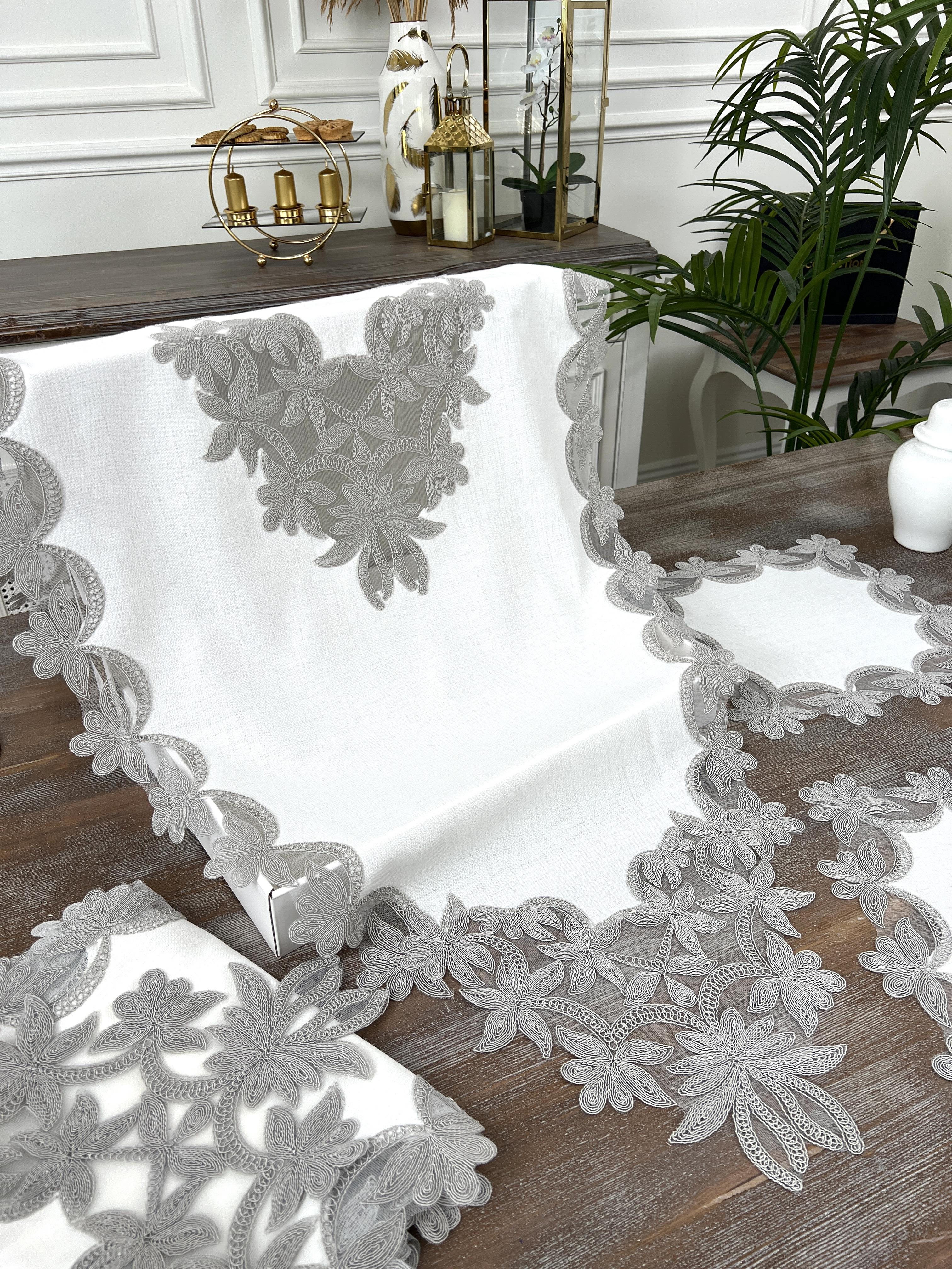 Dina model 5 Parça Salon Takımı - Gümüş Dantelli