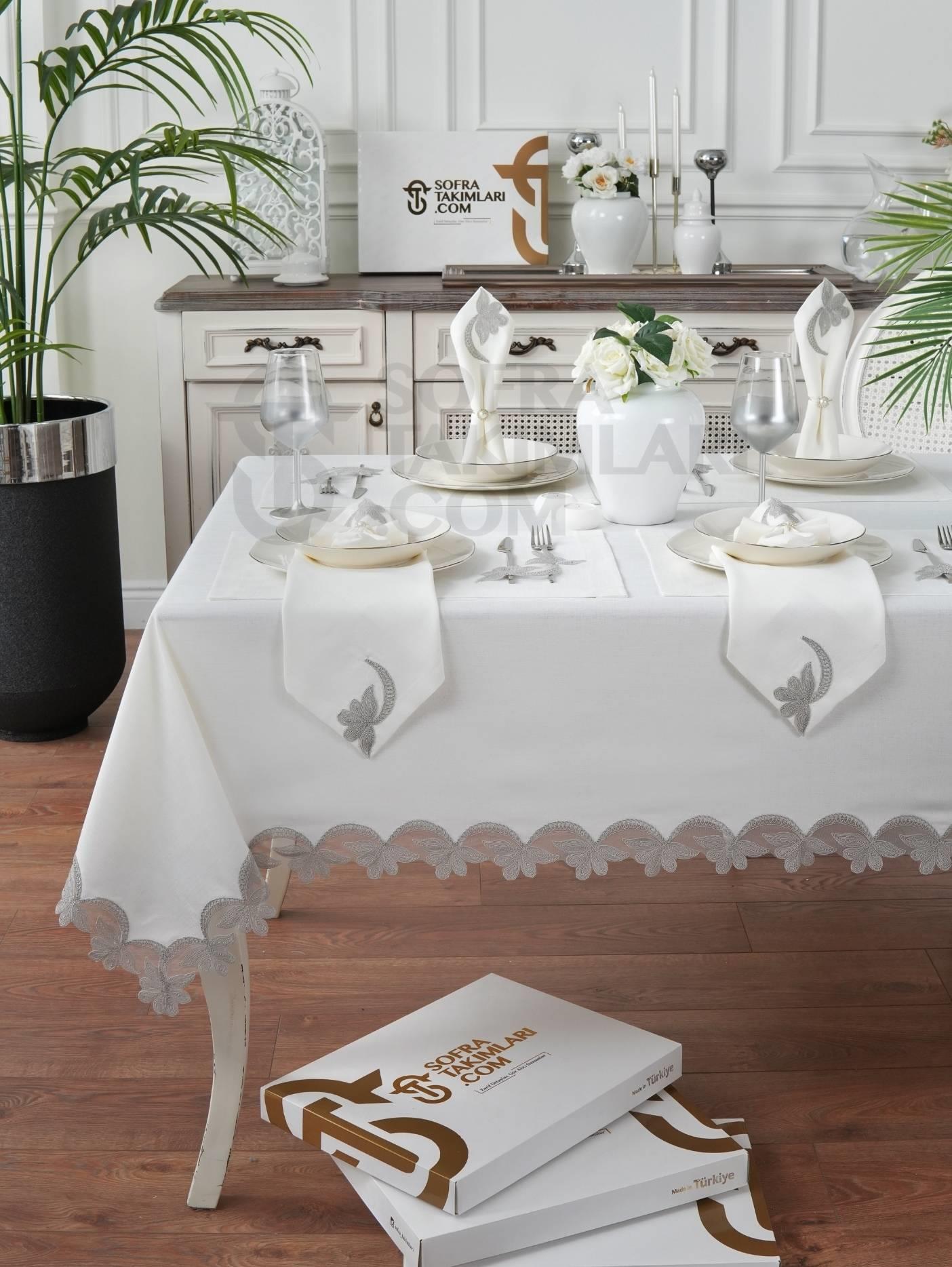 Dina Model Lüx Sofra Takımı - 37 Parça Amerikan Servisli Set - Gümüş Dantelli  grit