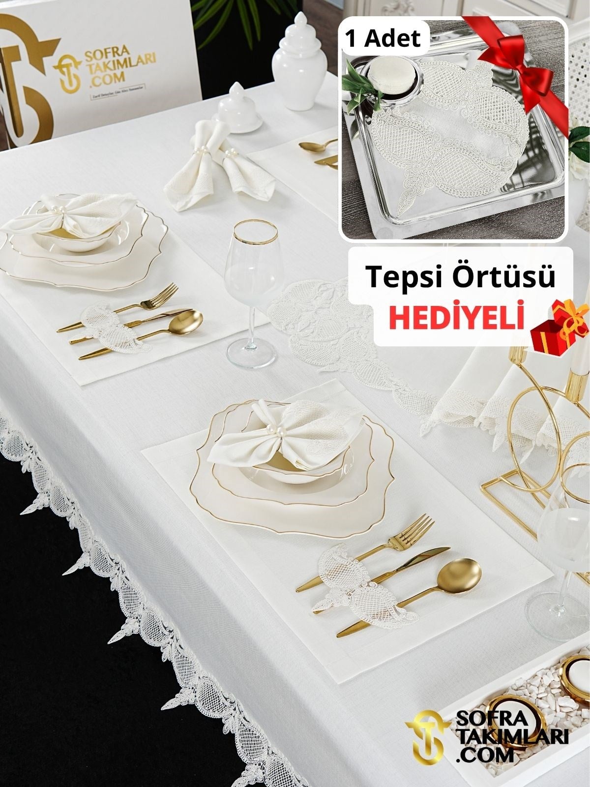 Ela Model Lüks Sofra Takımı 38 Parça Full Set - Kırık Beyaz Dantel - Kırık Beyaz Keten Kumaş