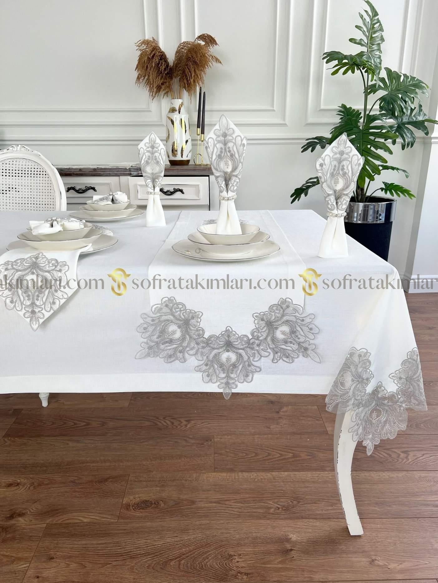 Elif Model Eko 26 Parça Sofra Takımı Amerikan Servisli Set - Gri Dantelli - Kırık Beyaz Kumaş