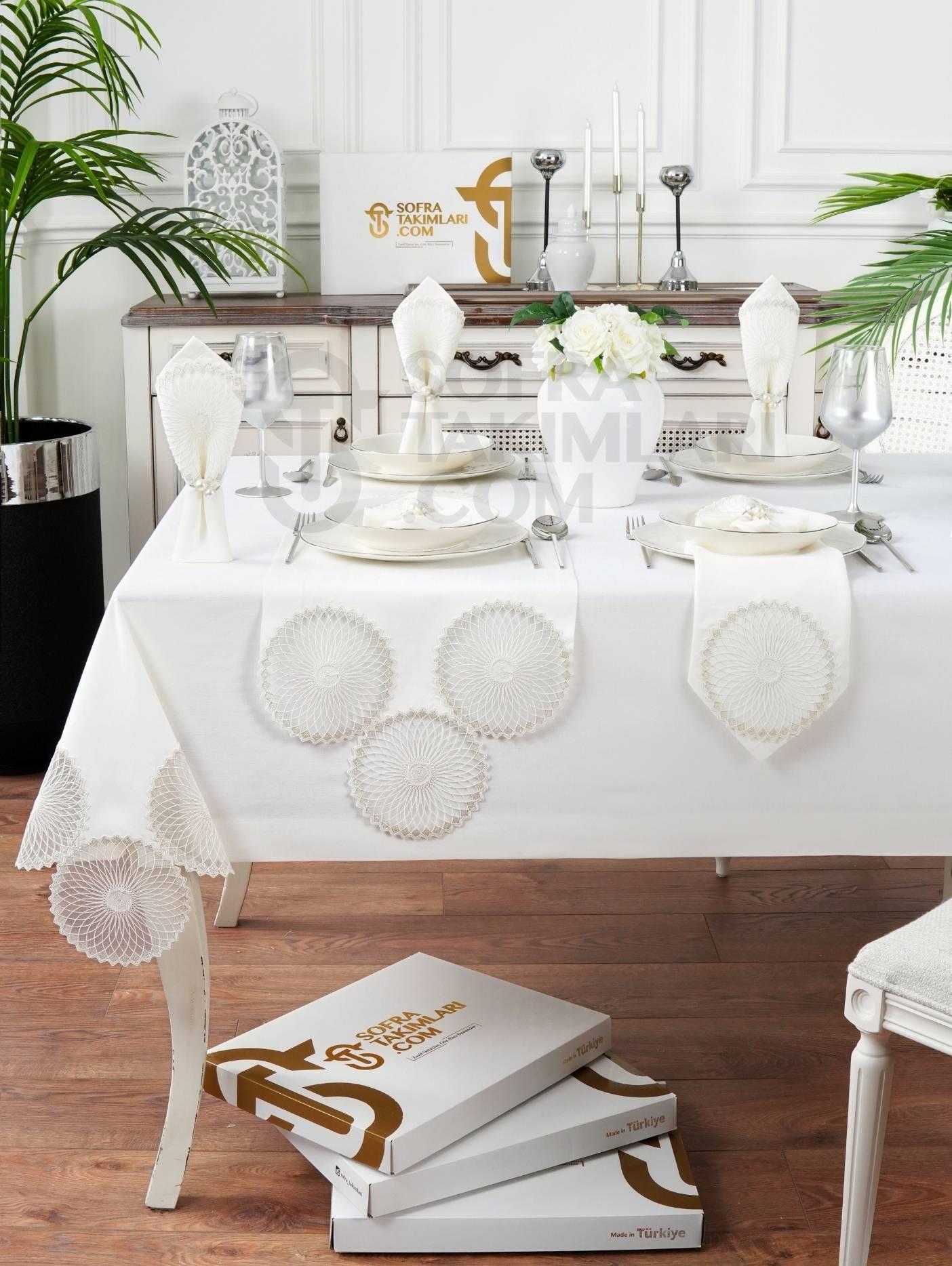 Eva Model Eko 26 Parça Sofra Takımı - Gümüş Dantelli - Kırık Beyaz Kumaş