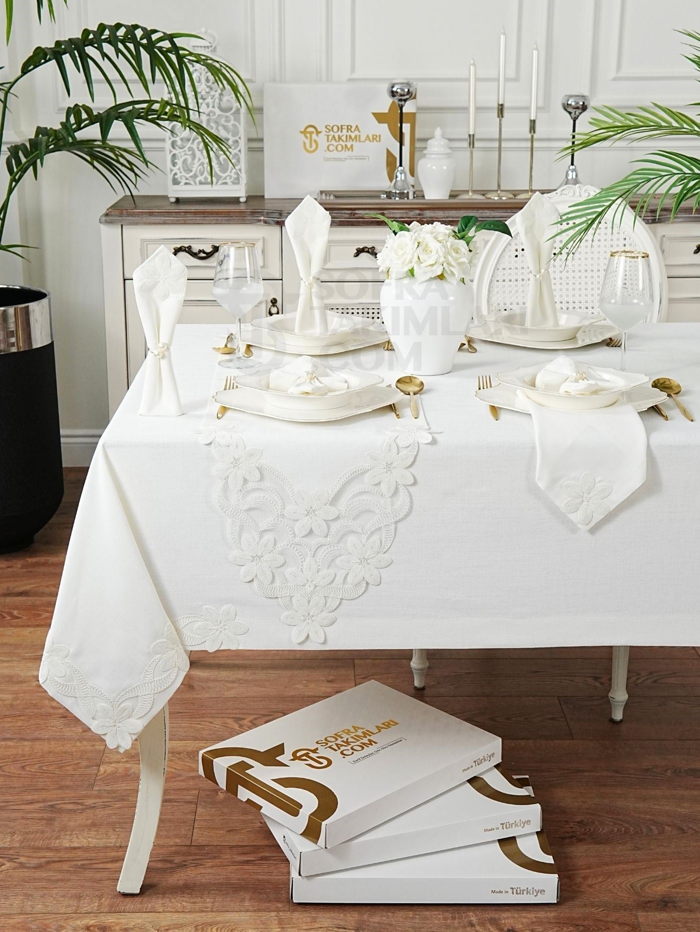 Feride Model Eko Sofra Takımı 26 Parça Set - Kırık Beyaz Dantel - Kırık Beyaz Keten Kumaş