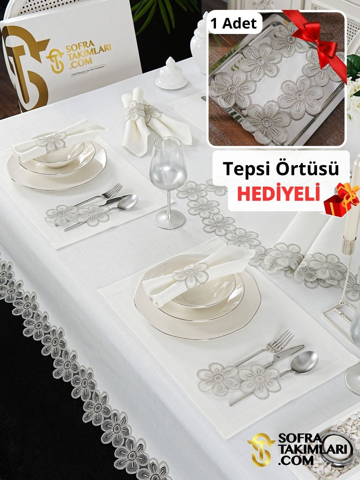 Fonya Model Lüks Sofra Takımı 38 Parça Full Set - Gri Dantel - Kırık Beyaz Keten Kumaş