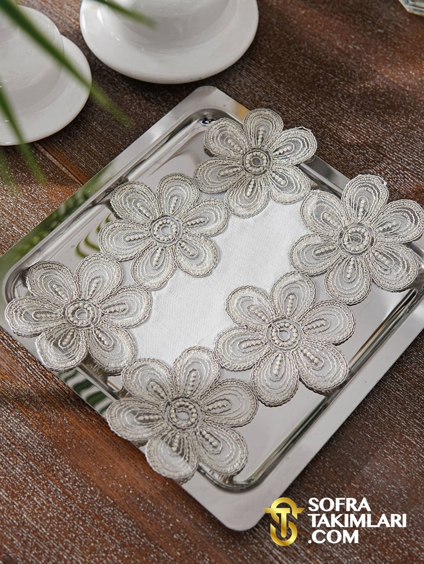 Fonya Model Tepsi Örtüsü - Silver Dantelli