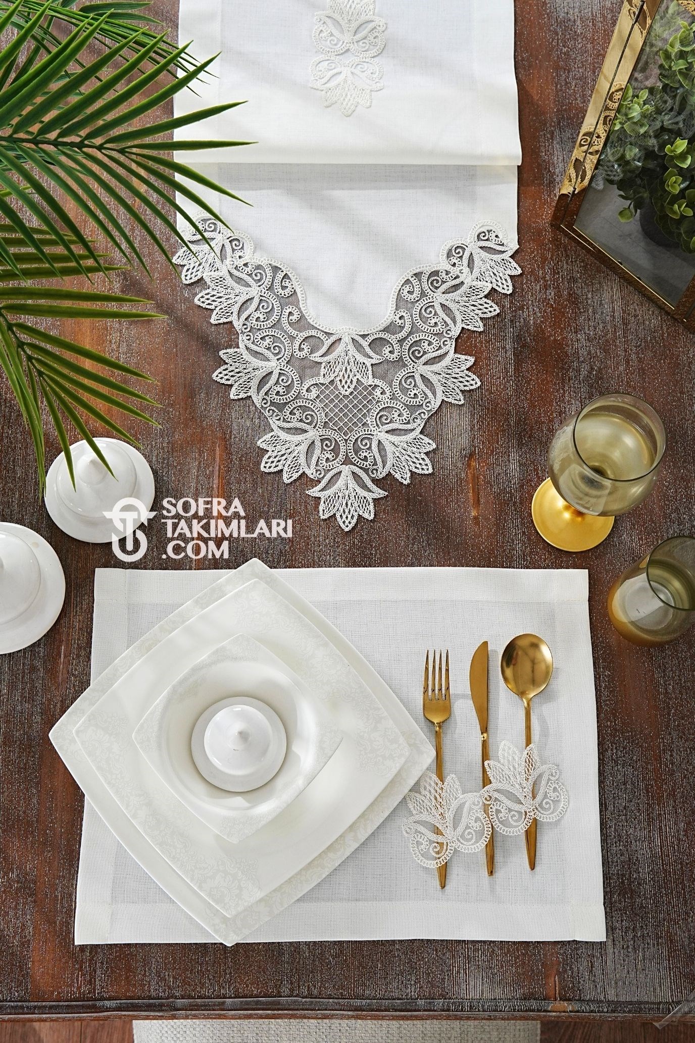Fulya Model Amerikan Servis Seti - Kırık Beyaz Dantel - Kırık Beyaz Kumaş