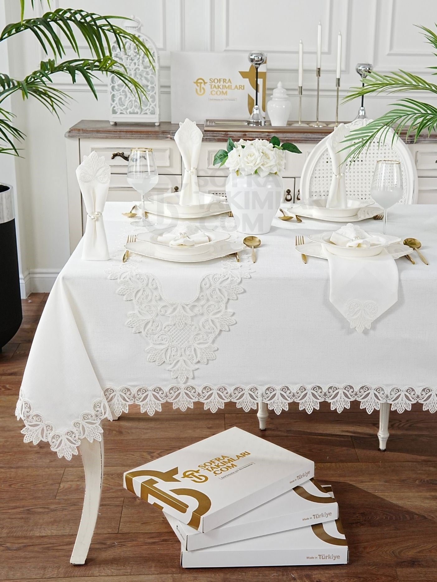 Fulya Model Lüks Sofra Takımı 26 Parça Set - Kırık Beyaz, Kırık Beyaz Dantel - Kırık Beyaz Keten Kumaş