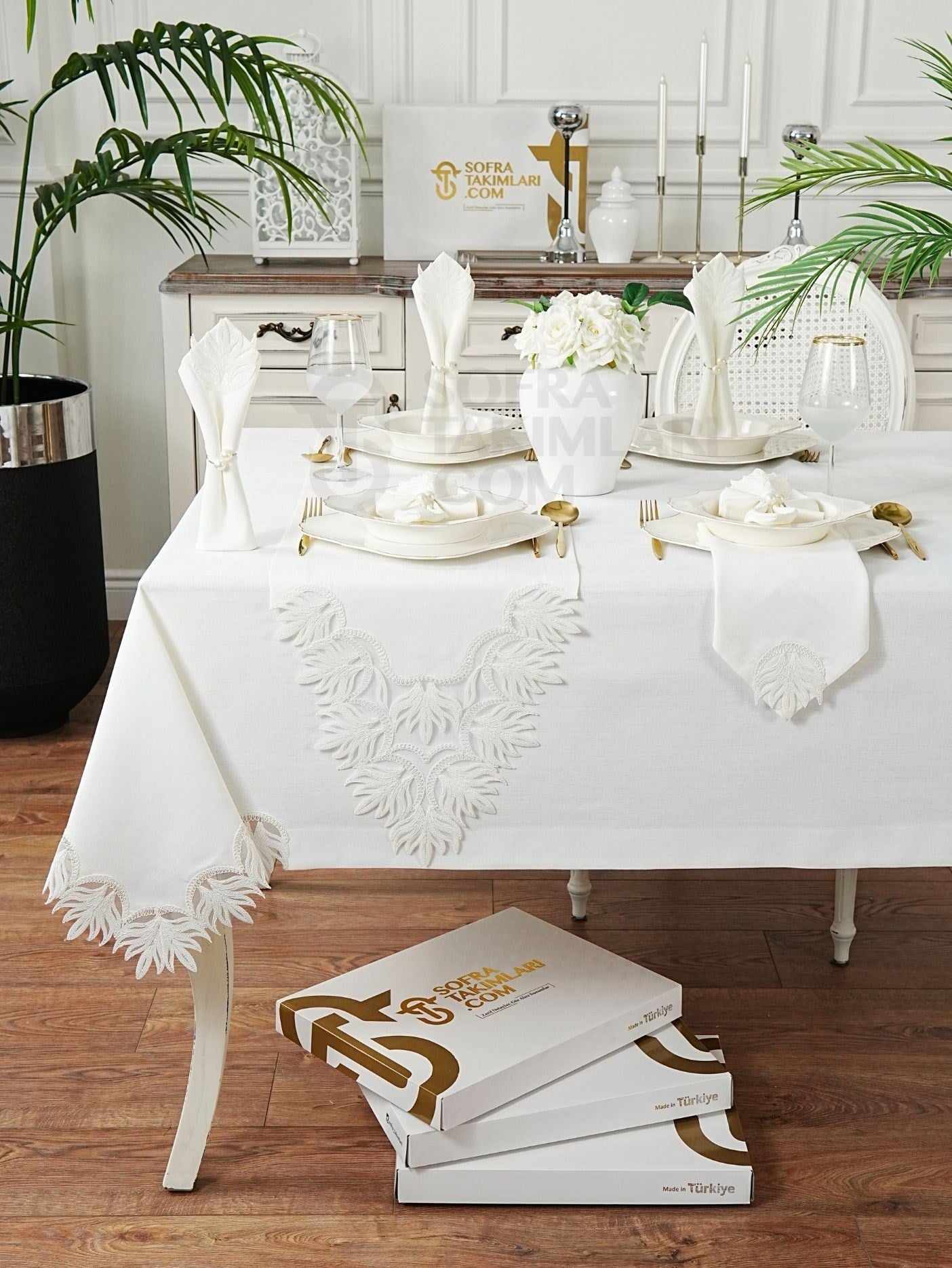 Hanzade Model Eko Sofra Takımı 26 Parça Set - Kırık Beyaz Dantel - Kırık Beyaz Keten Kumaş
