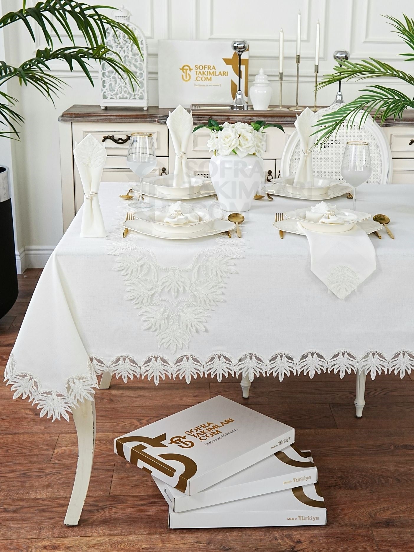 Hanzade Model Lüks Sofra Takımı 26 Parça Set - Kırık Beyaz Dantel - Kırık Beyaz Keten Kumaş