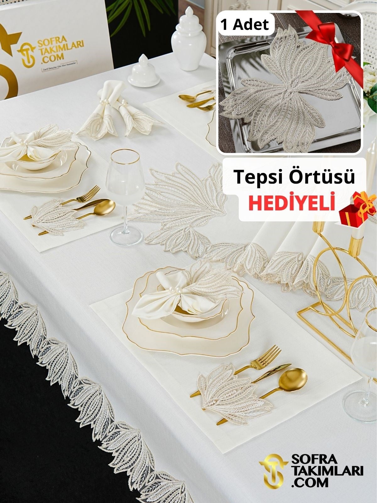 Kaktüs Model Lüks Sofra Takımı 38 Parça Full Set - Gold Dantel - Kırık Beyaz Keten Kumaş