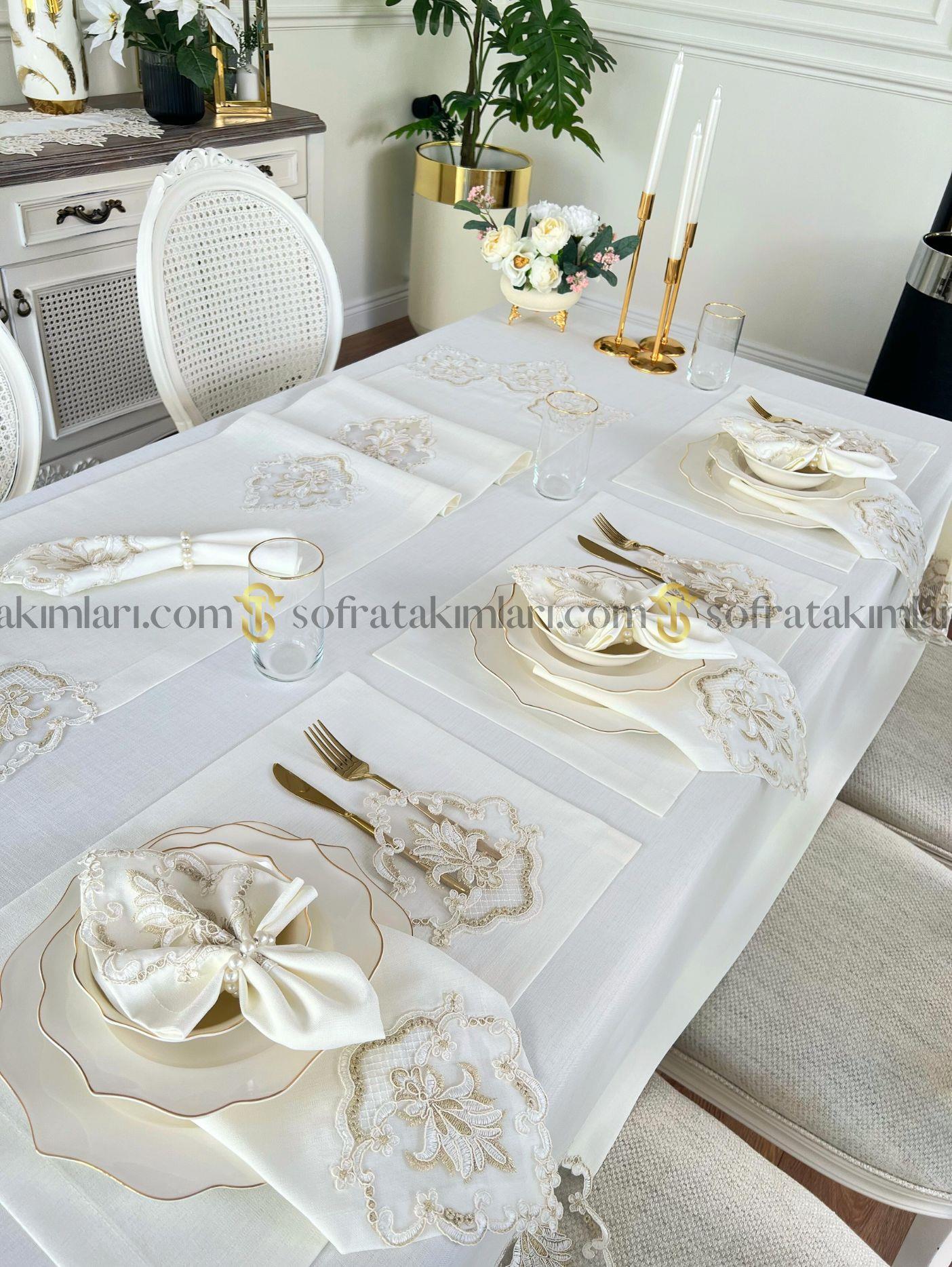 Leylak Model Eko Sofra Takımı 38 Parça Amerikan Servisli Set - Gold Dantelli - Kırık Beyaz Kumaş