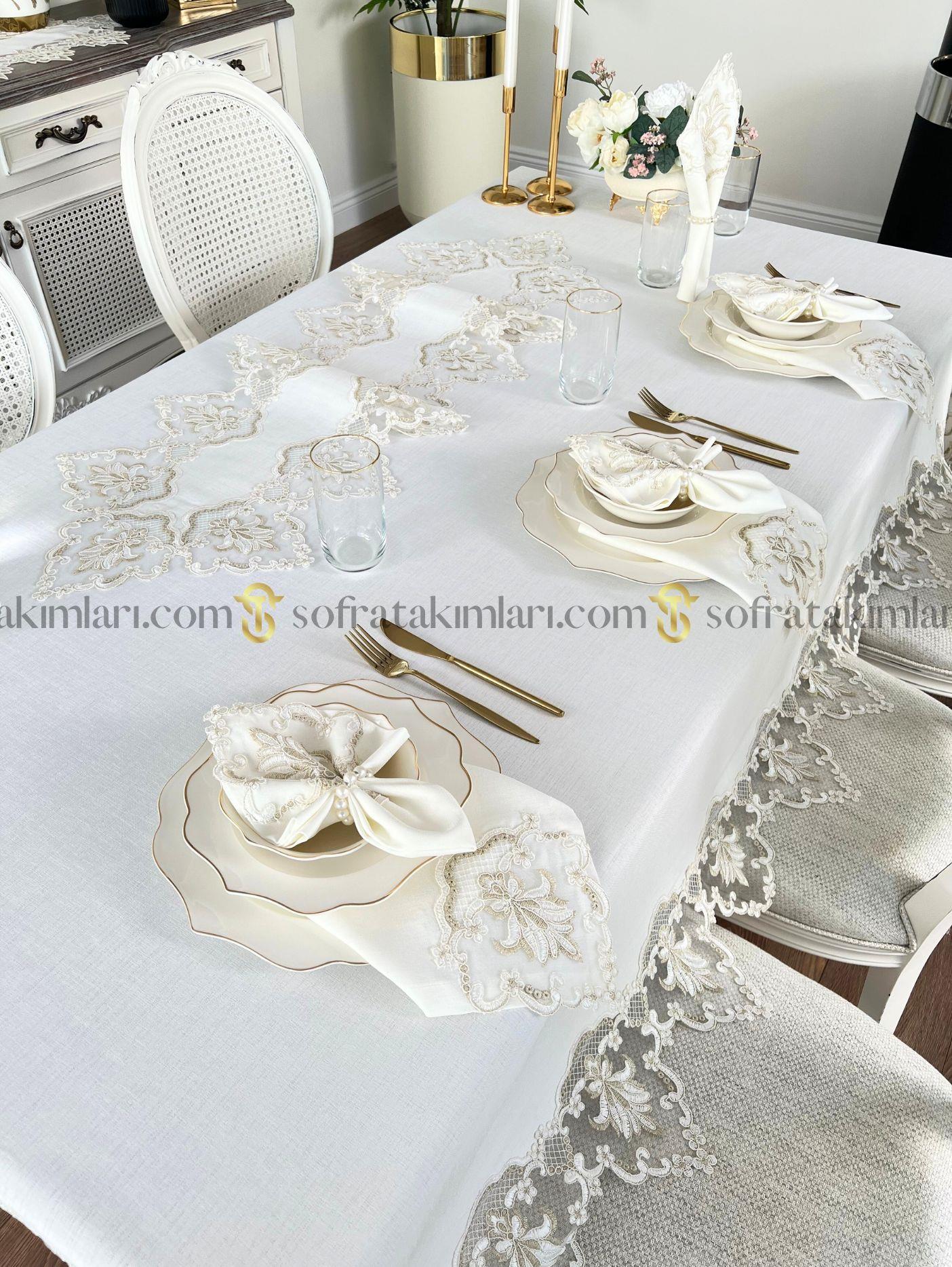 Leylak Model Lüx Sofra Takımı 26 Set - Gold Dantelli - Kırık Beyaz Kumaş