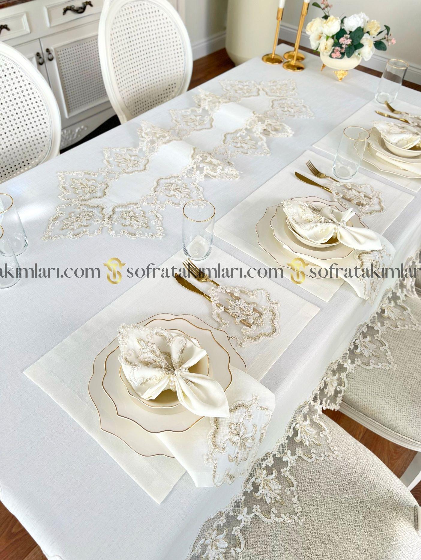 Leylak Model Lüx Sofra Takımı 38 Parça Amerikan Servisli Set - Gold Dantelli - Kırık Beyaz Kumaş