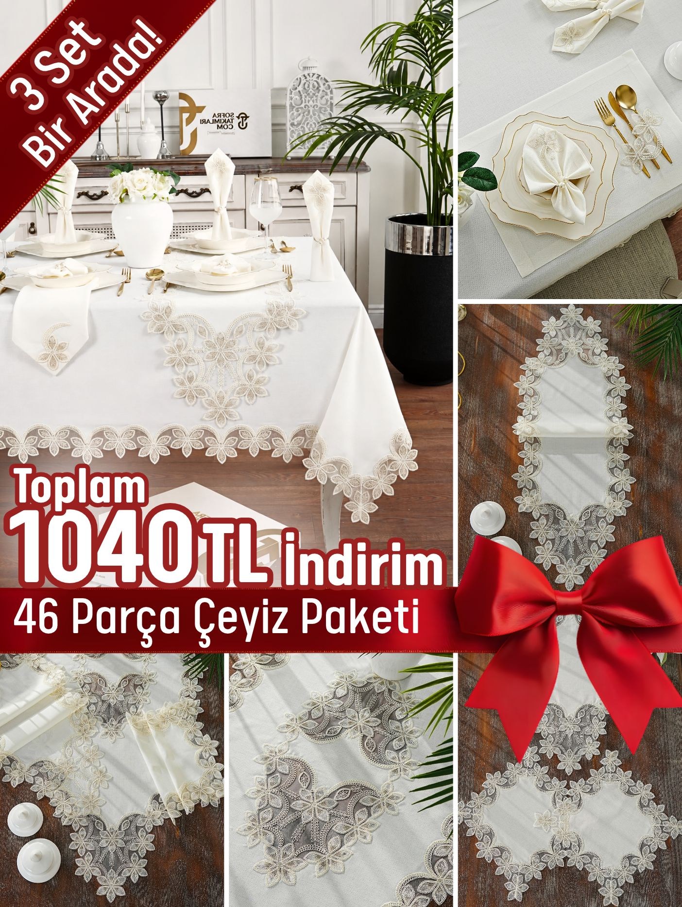Manolya Model Lüx Avantajlı Çeyiz Seti - Gold Dantelli