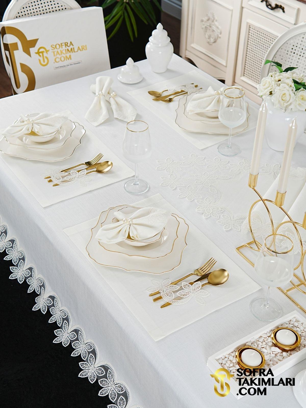 Manolya Model Lüx Sofra Takımı - 38 Parça Amerikan Servisli Set - Kırık Beyaz Dantel - Kırık Beyaz Kumaş 2725
