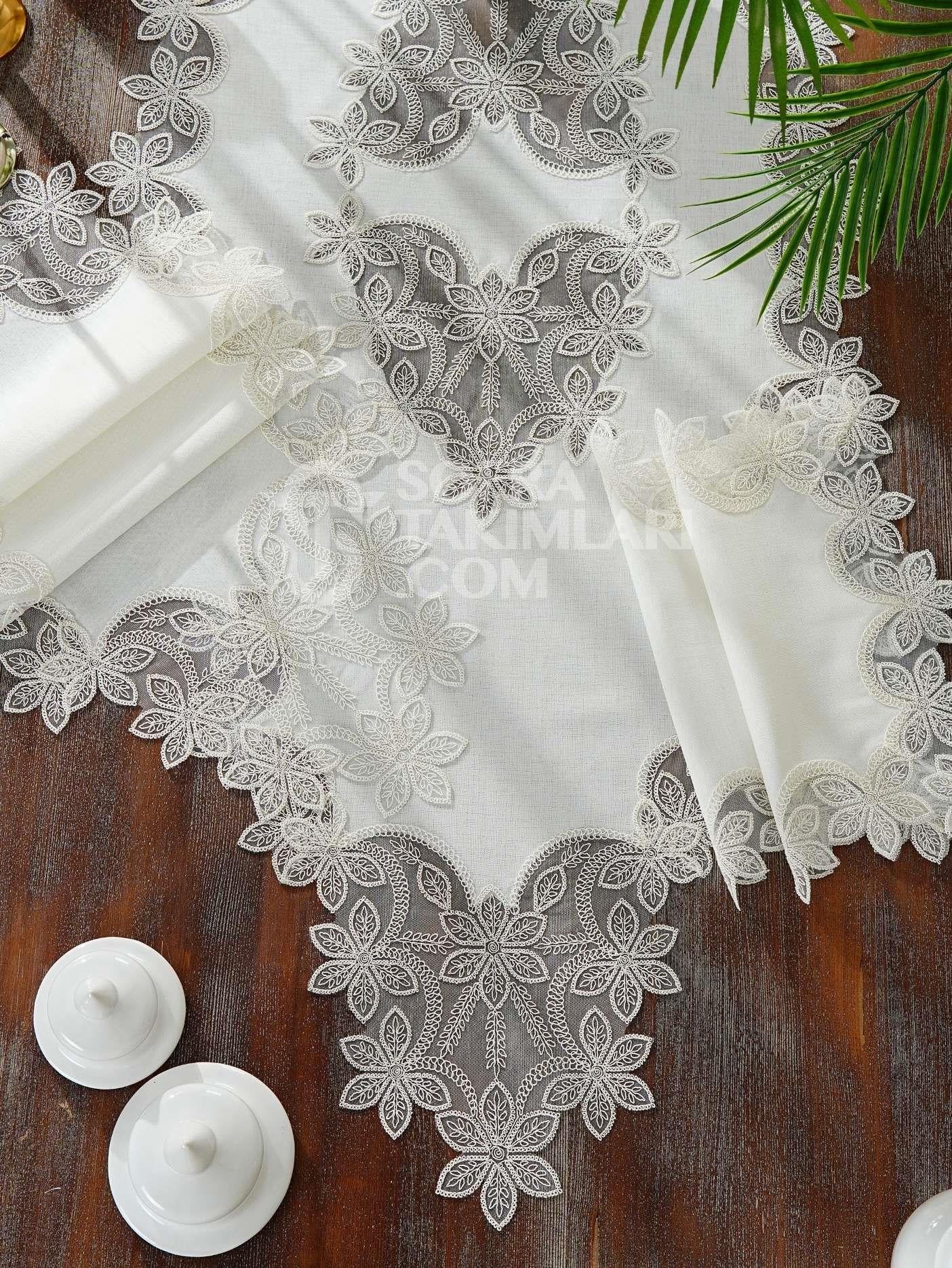 Manolya Model Salon Örtü Takımı - 5 Parça Set - Kırık Beyaz Dantel - Kırık Beyaz Kumaş CS