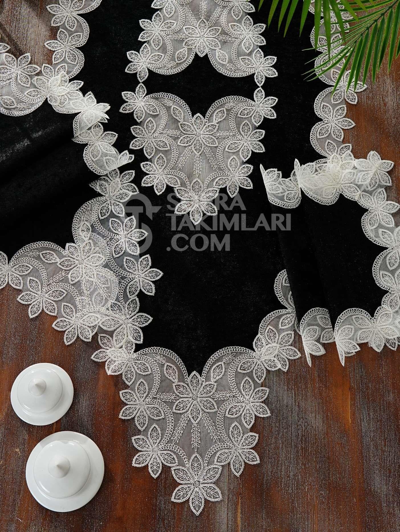 Manolya Model Salon Örtü Takımı - 5 Parça Set - Siyah Kadife Kumaş