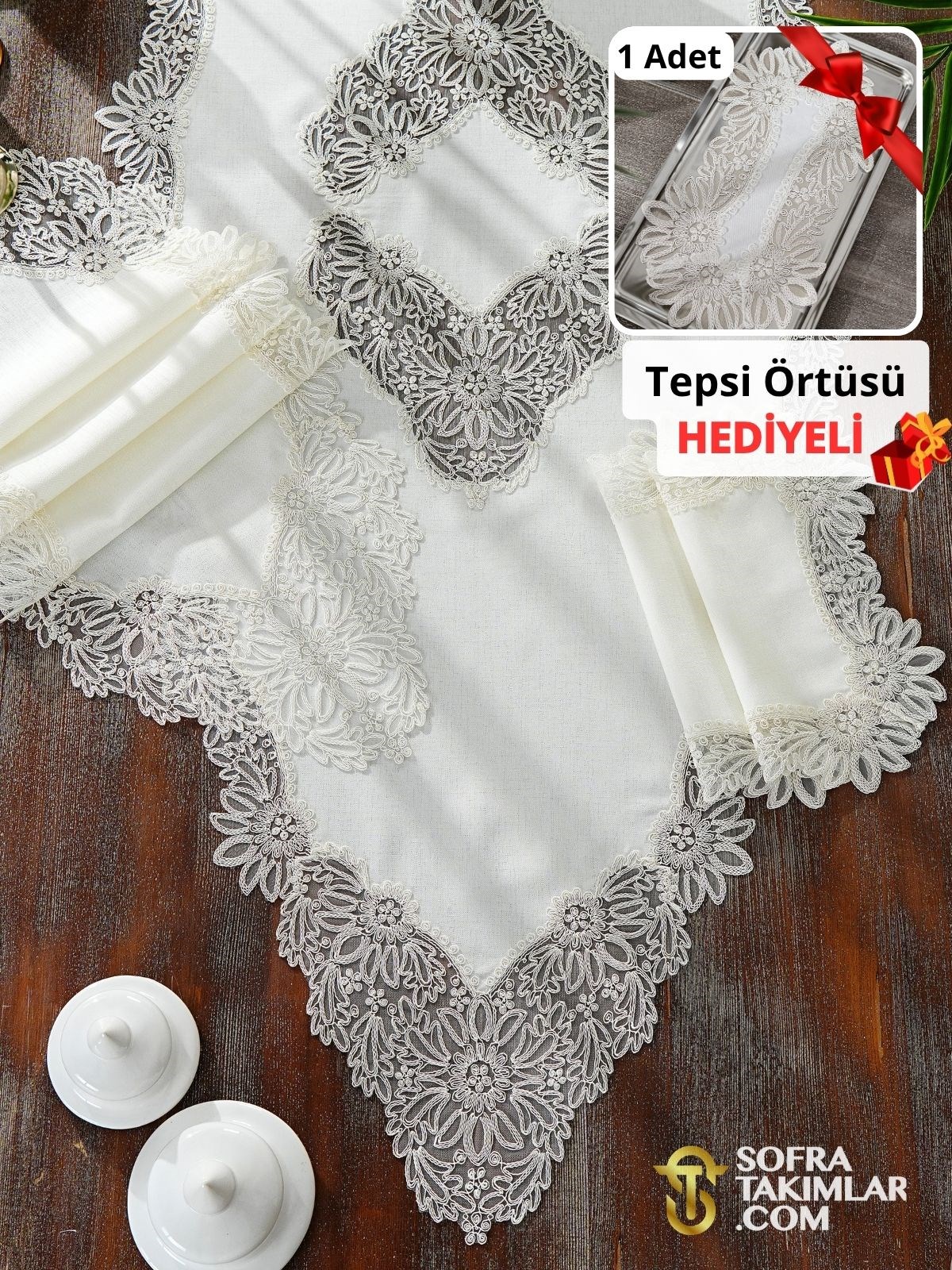 Mona Model 5 Parça Salon Örtü Takımı - Kırık Beyaz Dantelli - Kırık Beyaz Keten Kumaş 2725