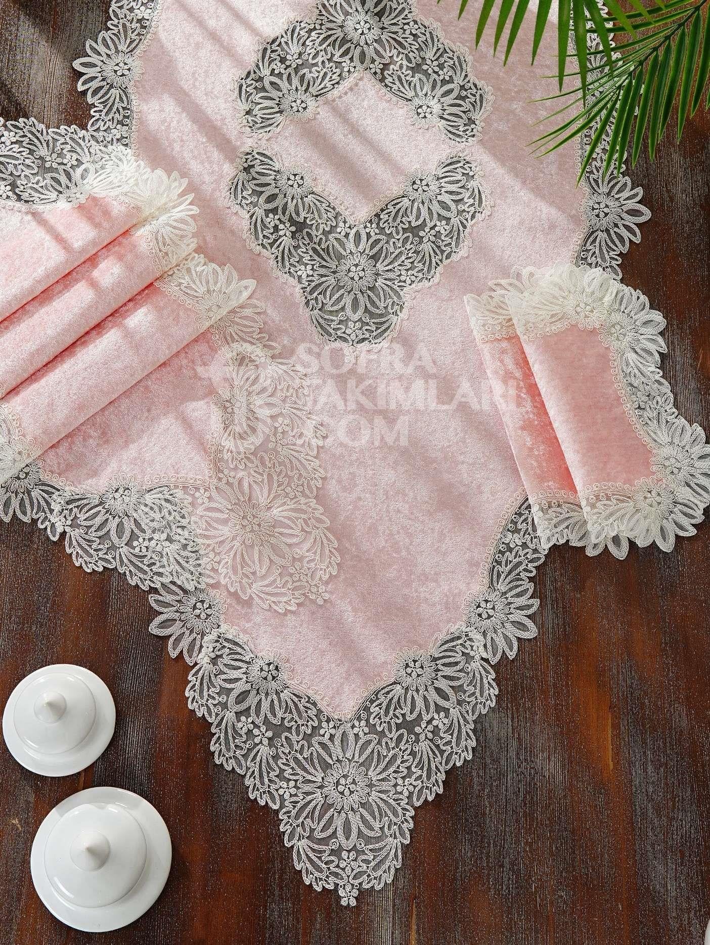 Mona Model 5 Parça Salon Örtü Takımı - Pembe Kadife Kumaş 