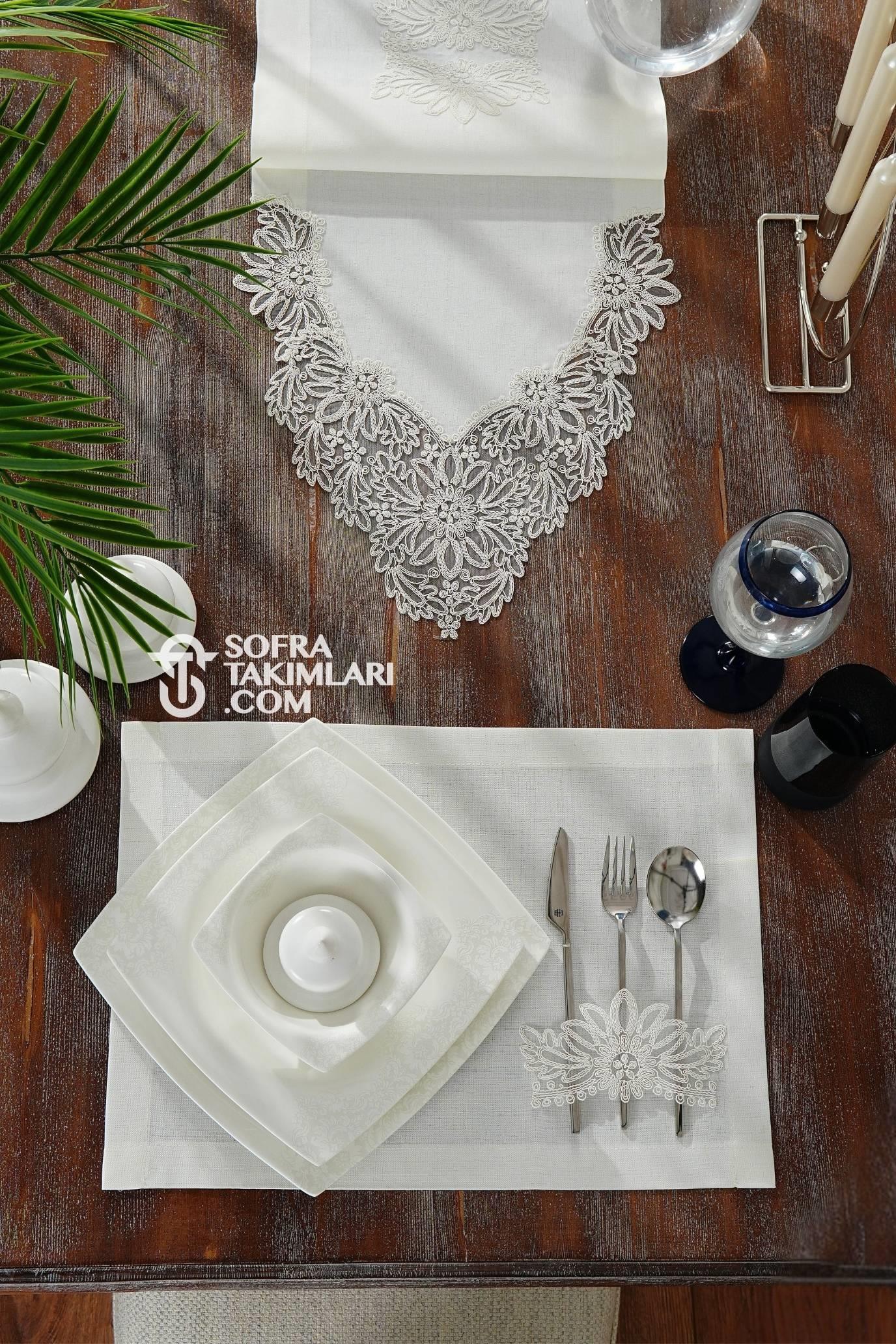 Mona Model Amerikan Servis Seti -  Kırık Beyaz Dantel - Kırık Beyaz Kumaş