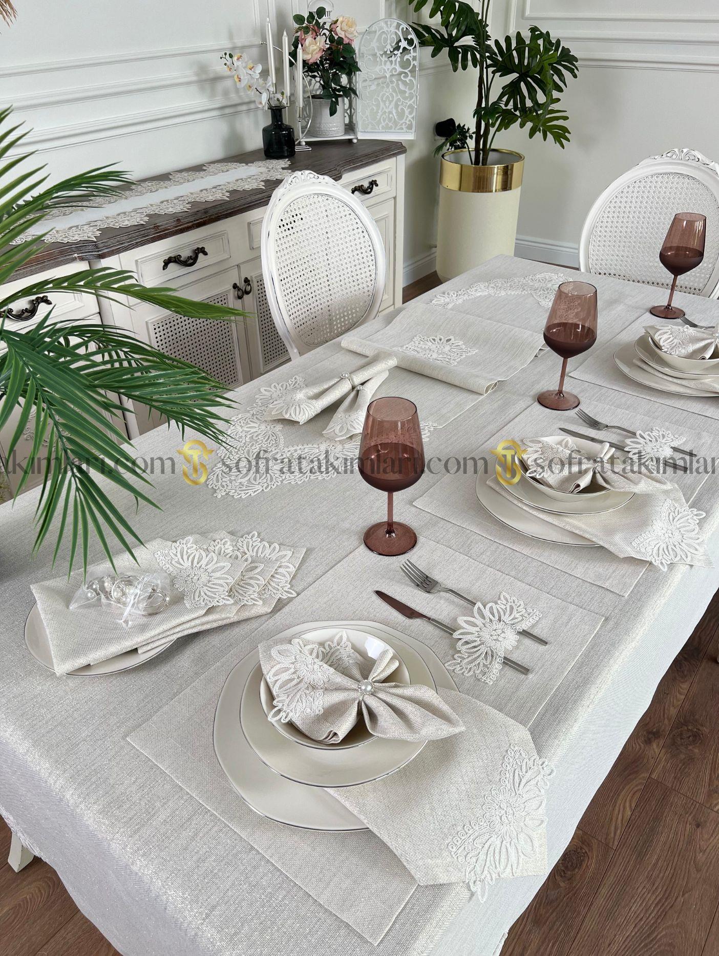 Mona Model Eko Sofra Takımı 38 Parça Amerikan Servisli Set - Kırık Beyaz Dantelli - Işıltılı Taş Rengi Kumaş