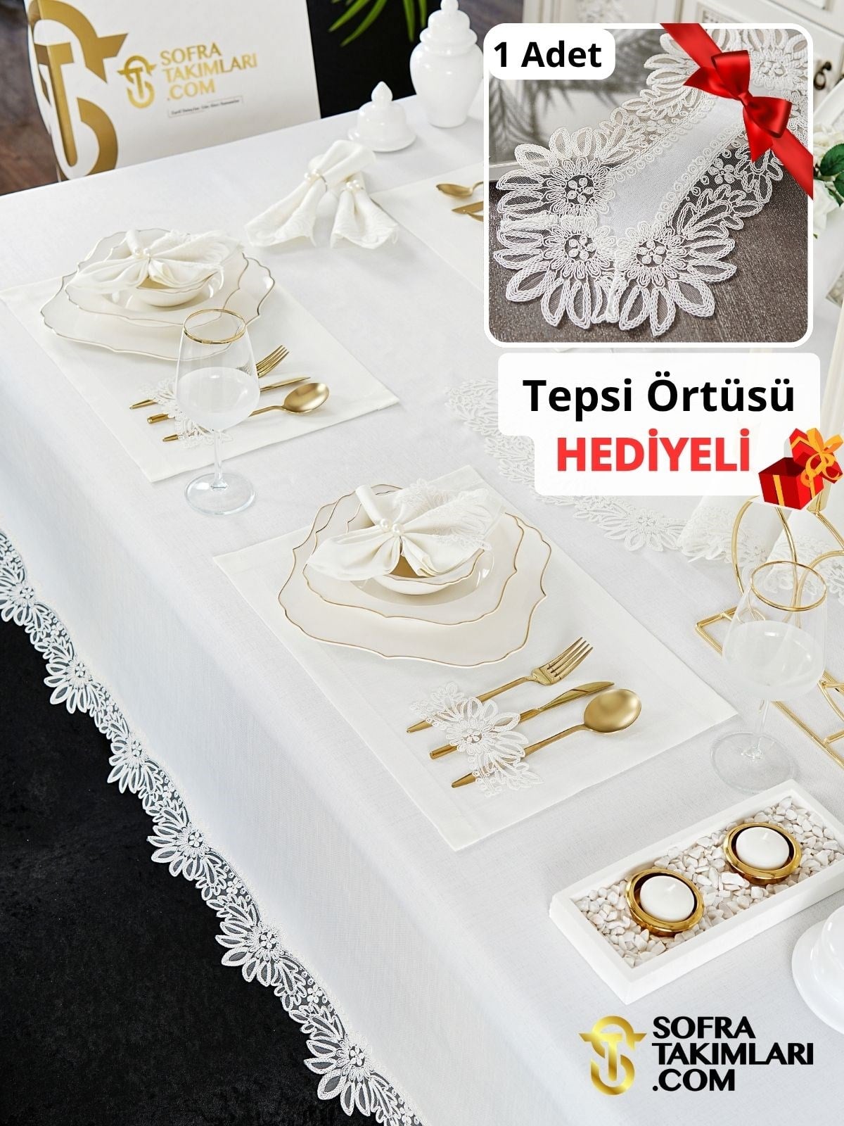 Mona Model Lüks Sofra Takımı 38 Parça Full Set - Kırık Beyaz Dantel - Kırık Beyaz Keten Kumaş