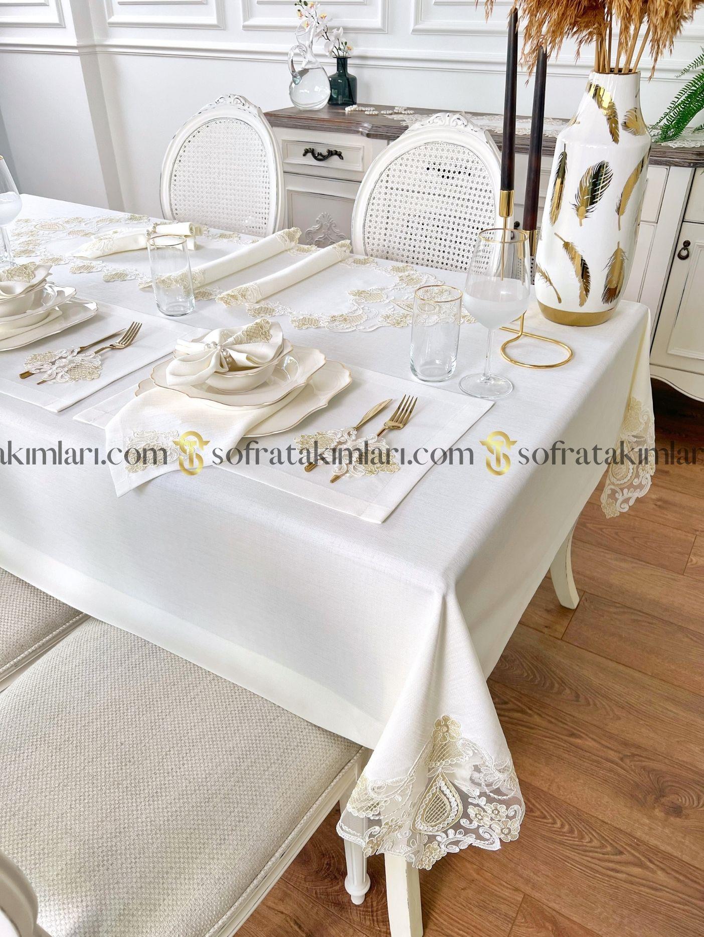Safir Model Eko Sofra Takımı 38 Parça Set - Gold Dantelli - Kırık Beyaz Keten Kumaş