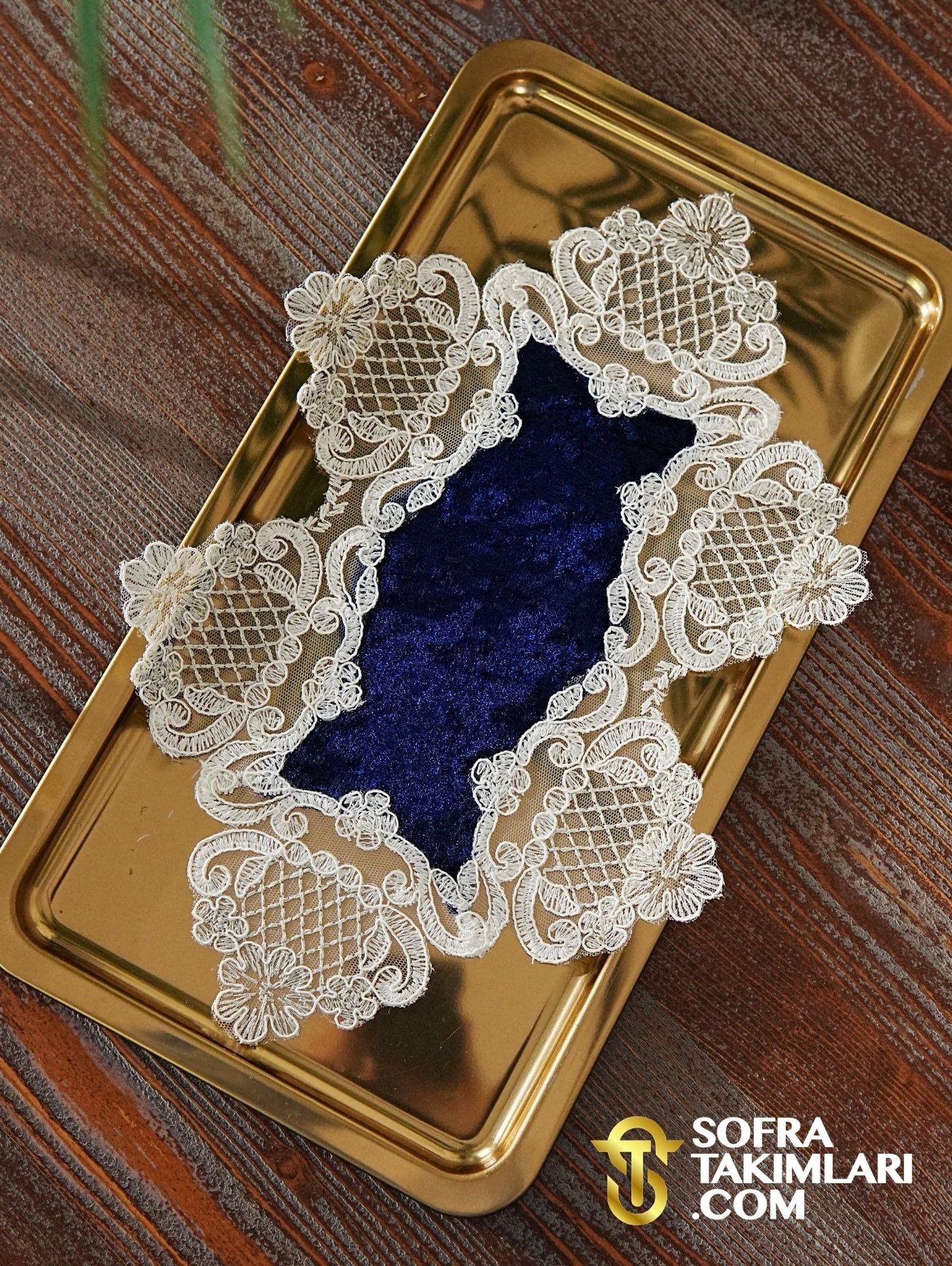 Safir Model Lacivert Tepsi Örtüsü - Gümüş Dantelli