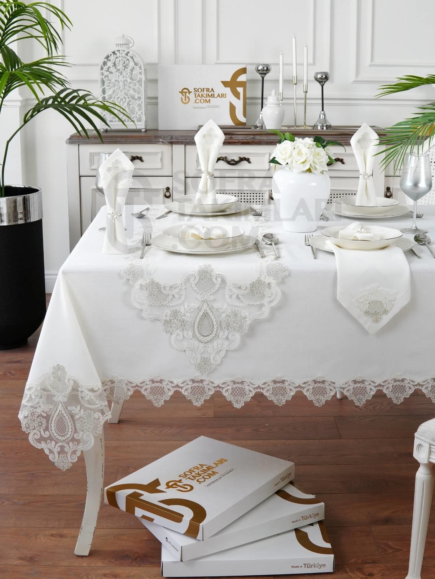 Safir Model Lüx Sofra Takımı 26 Parça Set - Gümüş Dantelli - Kırık Beyaz Keten Kumaş