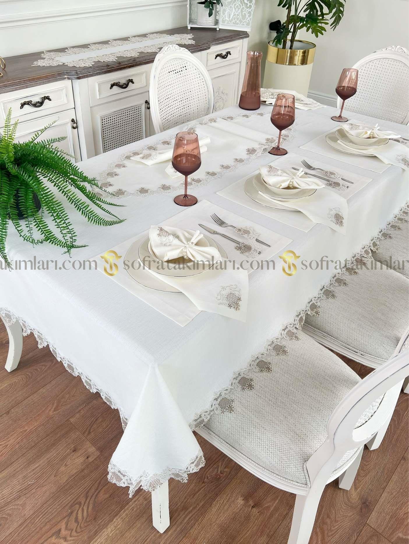 Safir Model Lüx Sofra Takımı - 38 Parça Amerikan Servisli Set - Kahve Dantelli - Kırıkbeyaz Kumaş