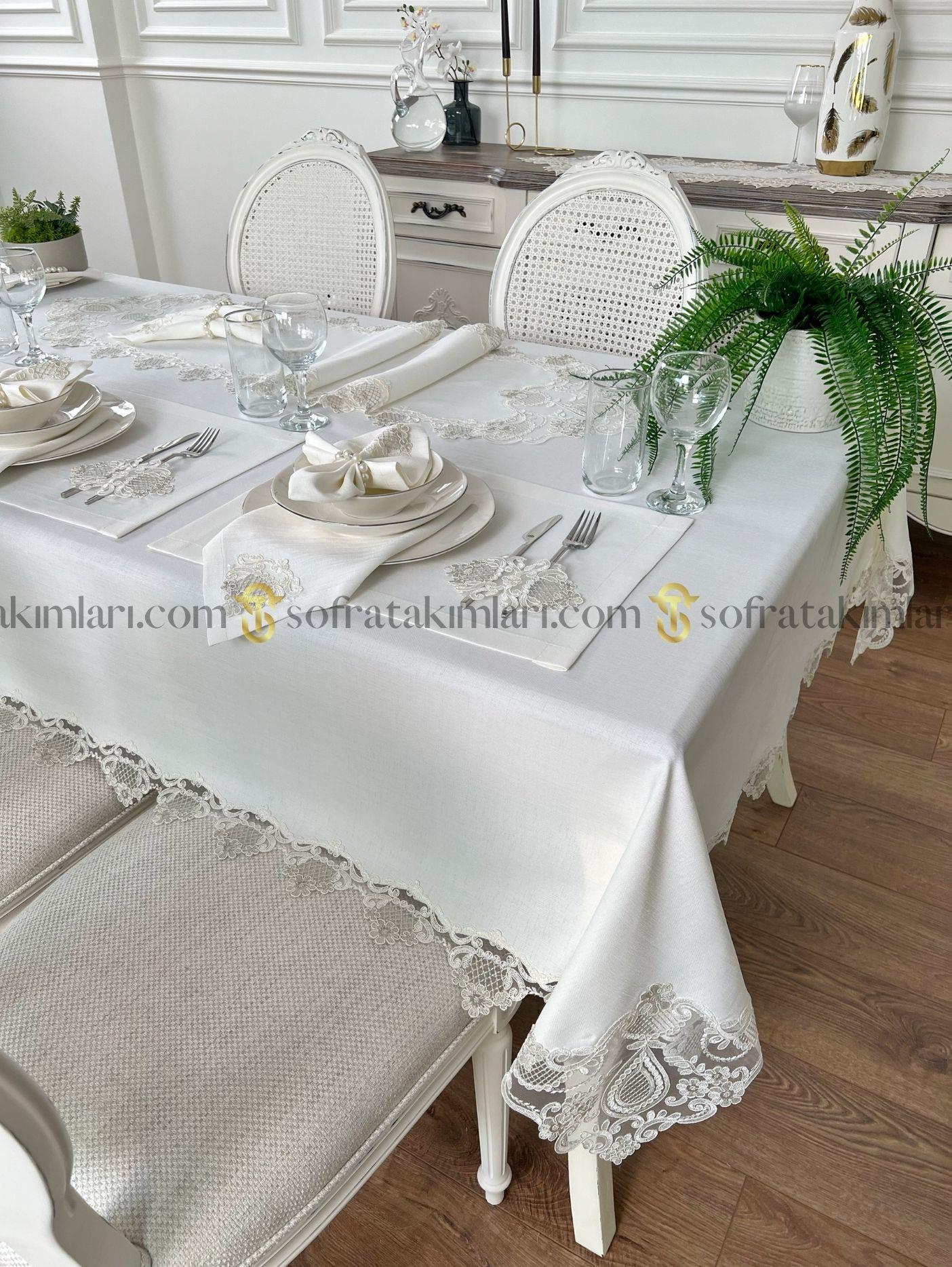 Safir Model Lüx Sofra Takımı 38 Parça Amerikan Servisli Set - Gümüş Dantelli - Kırık Beyaz Keten Kumaş