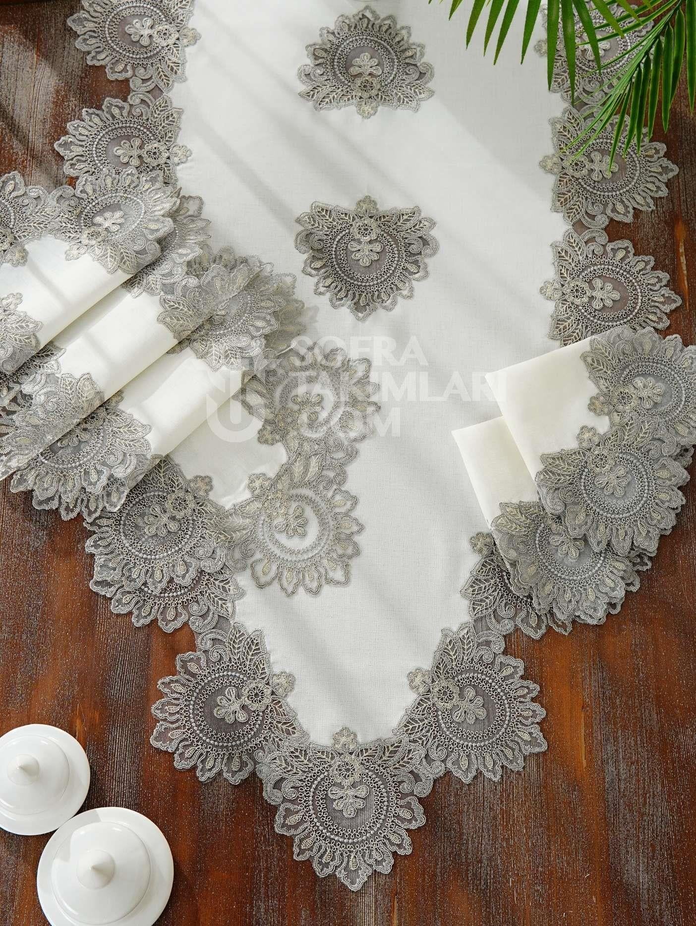 Şahmeran Model 5 Parça Salon Takımı - Gümüş Dantelli YYS