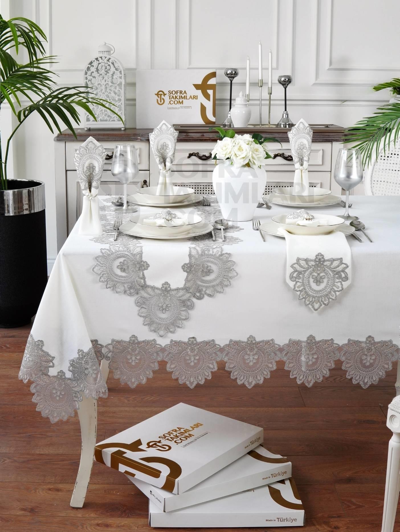 Şahmeran Model Lüx 26 Parça Sofra Takımı Set - Gümüş Dantelli - Kırık Beyaz Kumaş
