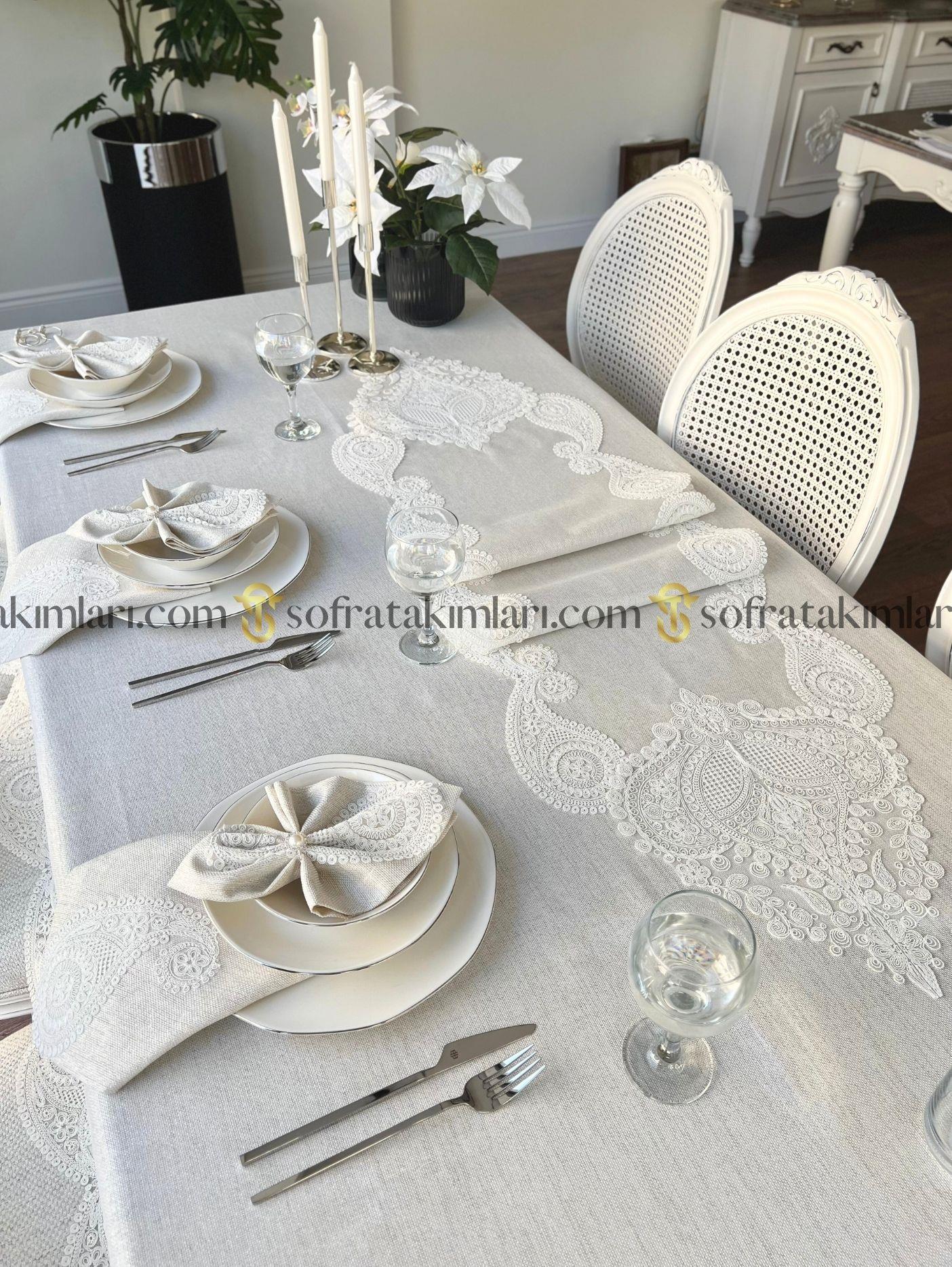 Salkım Model 26 Parça Lüx Sofra Takımı - Kırık Beyaz Dantelli - Işıltılı Taş Rengi Kumaş